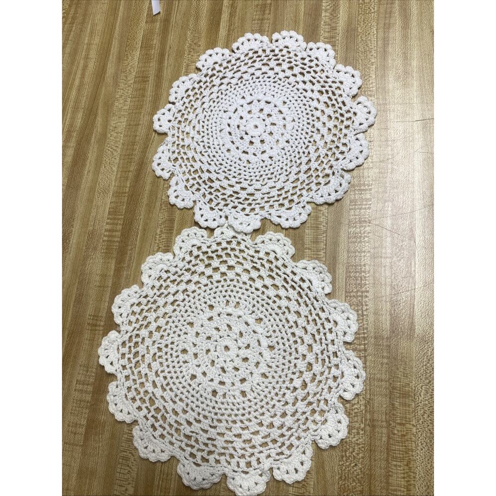 VTG Hand Crochet Doilies (2) Matching Set Cotton White Round CottageCore Country
